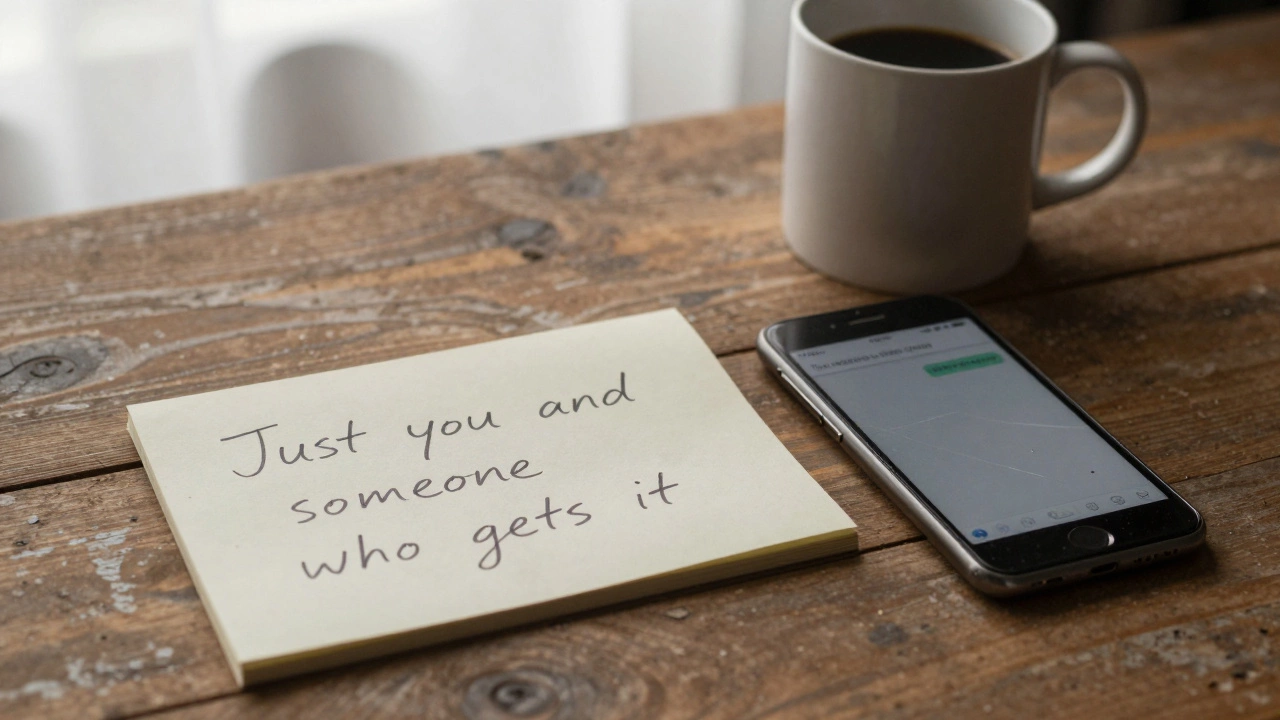 A handwritten note on a wooden desk beside a smartphone with a simple text message, morning light casting gentle shadows.