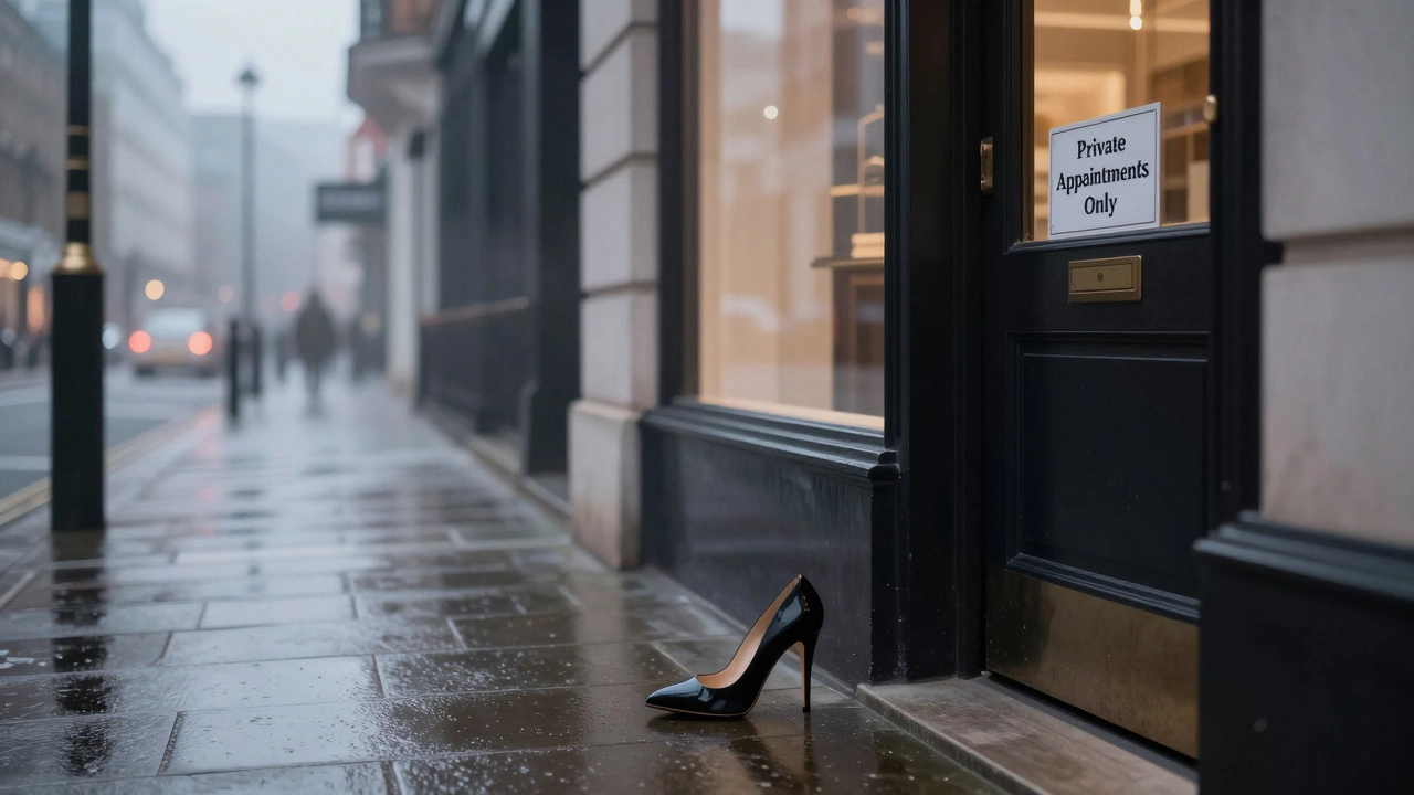 A single high-heeled shoe on a misty London pavement outside a discreet agency door at dawn, symbolizing private companionship.