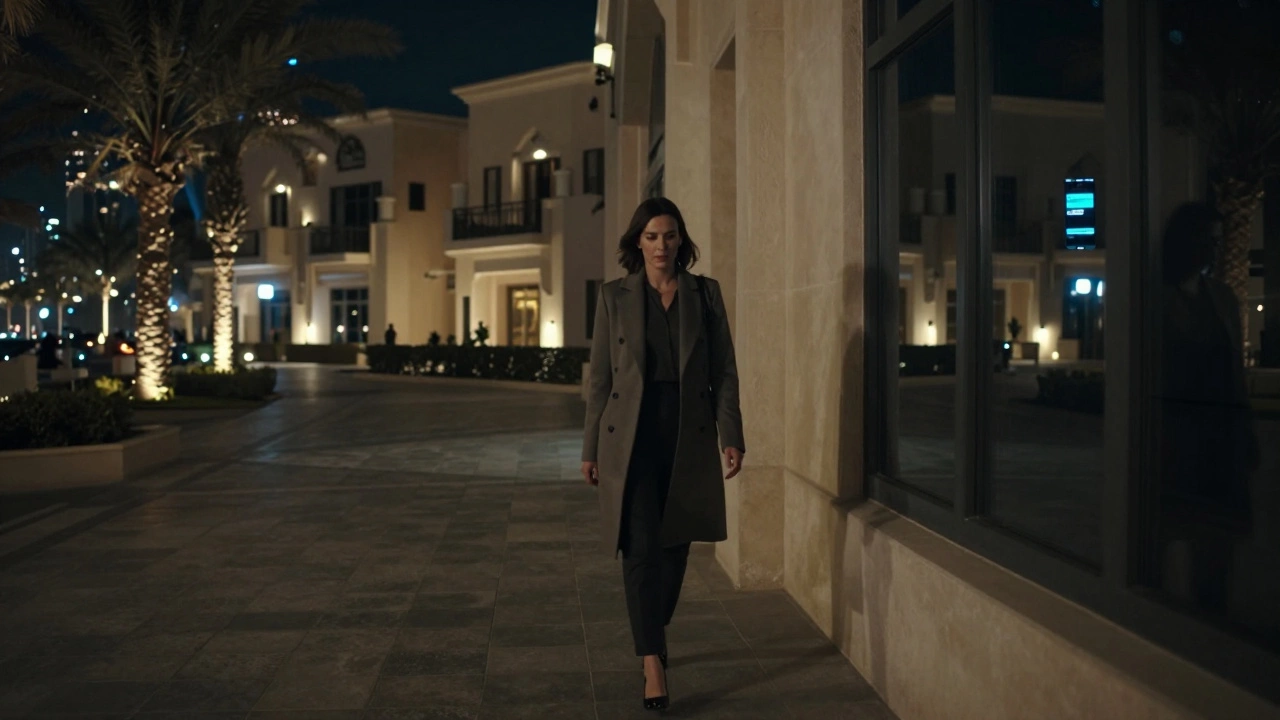A woman walks quietly at night along Palm Jumeirah, shadows and luxury villas behind her, phone glowing faintly.