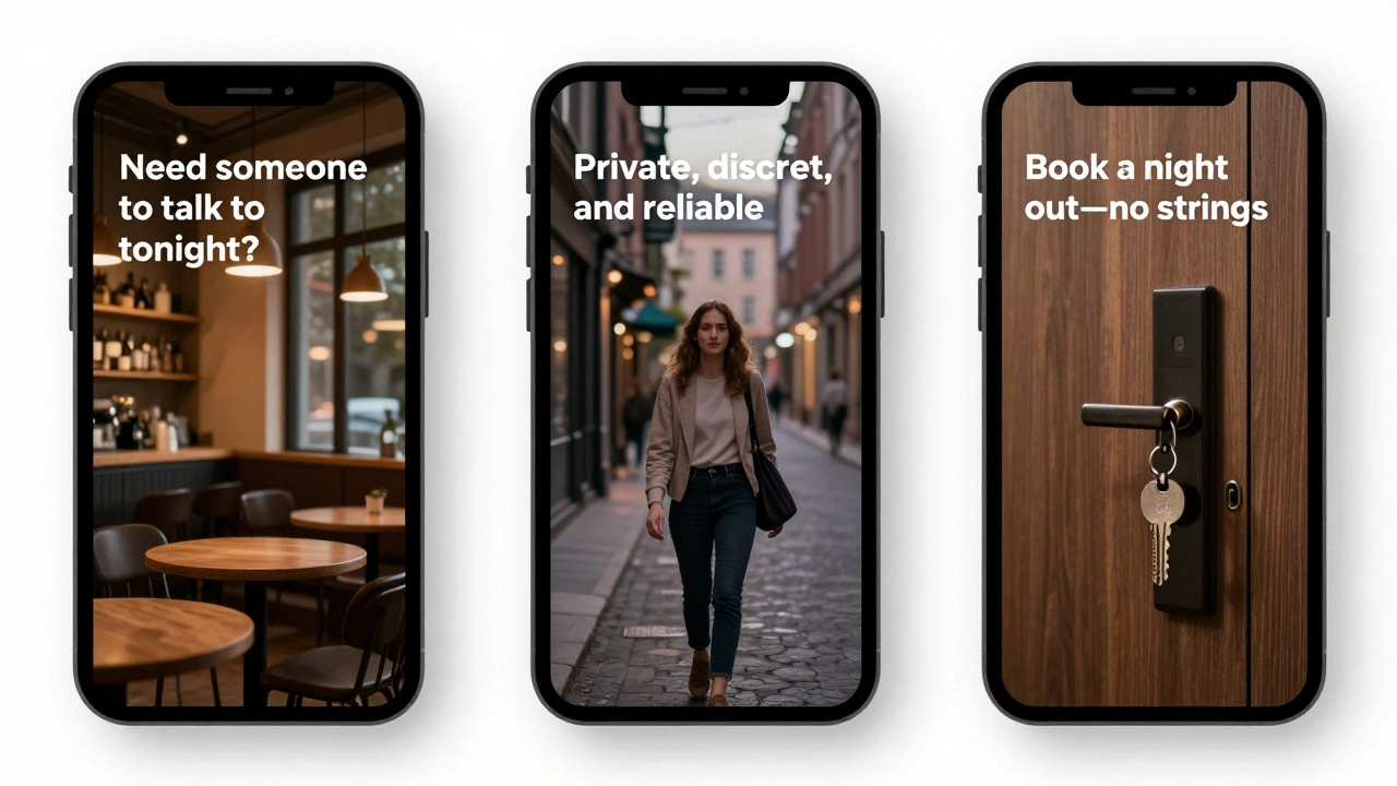 Three mobile ad variations displayed side by side, each showing subtle imagery and plain text about discreet companionship.