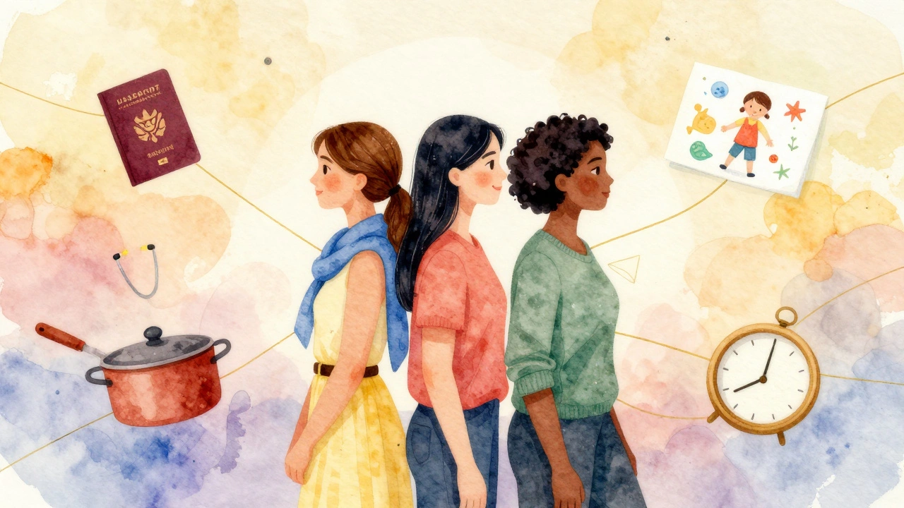 Three women from different countries stand together, surrounded by symbols of their lives — family, work, dreams.