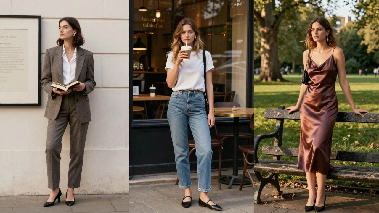 Three women in London, each embodying different companion styles: professional, casual, and elegant, in natural urban settings.